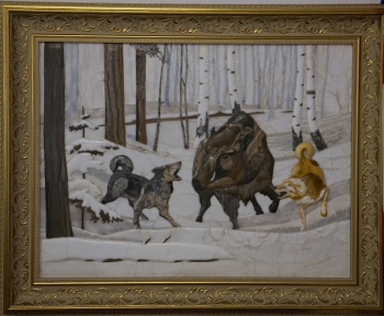 Мозаичная картина из Уральских минералов «Охота на кабана». Размер: 98х78 см